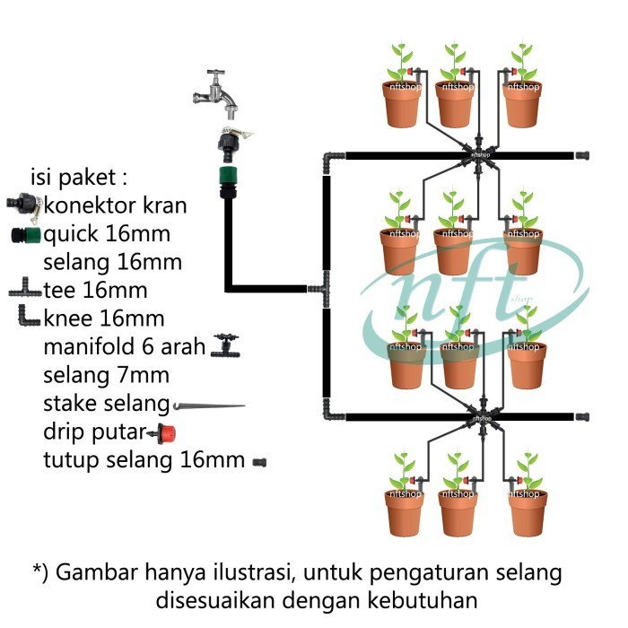 Paket Drip Irigasi 12 Titik Selang 16mm Tipe Kran Polos